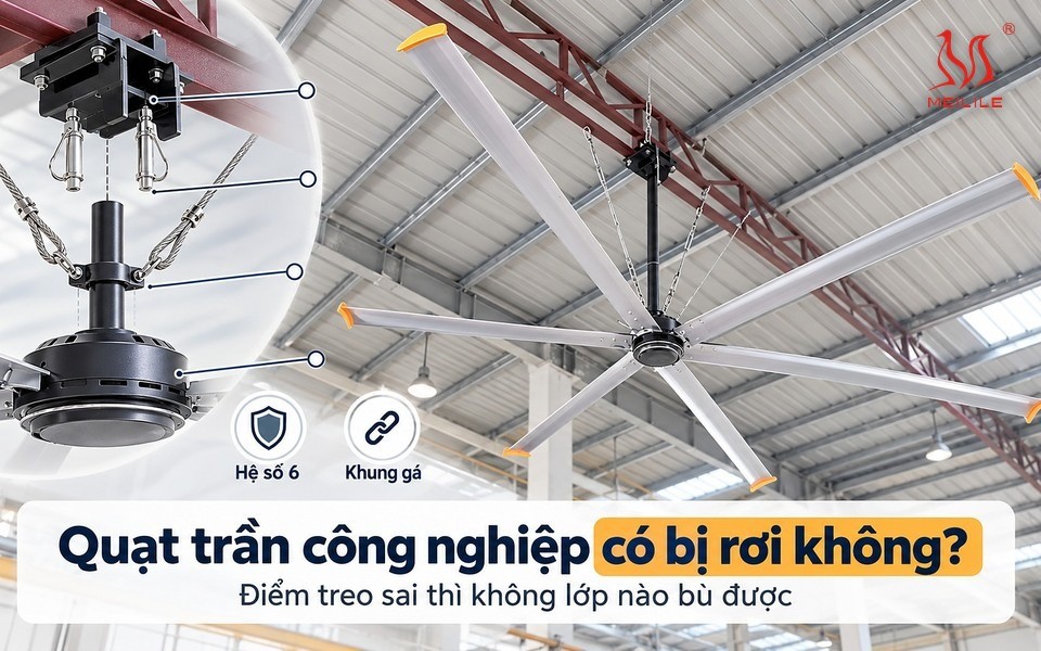 Bốn lớp chống rơi của quạt trần công nghiệp HVLS: khung gá, chốt khóa kép, cáp an toàn và bảo vệ điện của biến tần