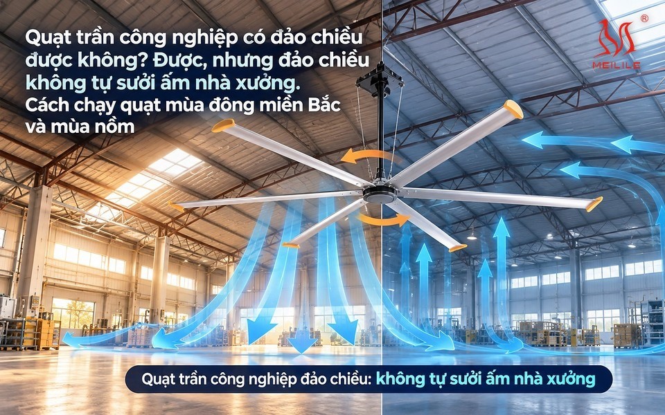 Đảo chiều làm thay đổi điều gì trong đường đi của gió quạt trần công nghiệp