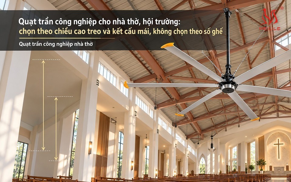 Chiều cao treo quạt trần nhà thờ, hội trường: ví dụ gian cao 8 m và gian cao 12 m