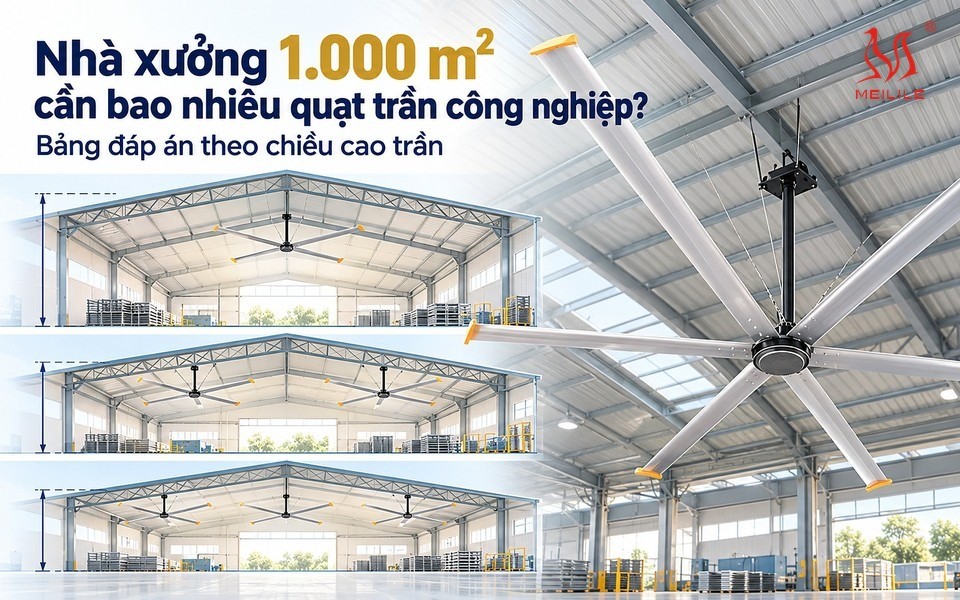 Nhà xưởng 1.000 m² cần bao nhiêu quạt trần công nghiệp HVLS