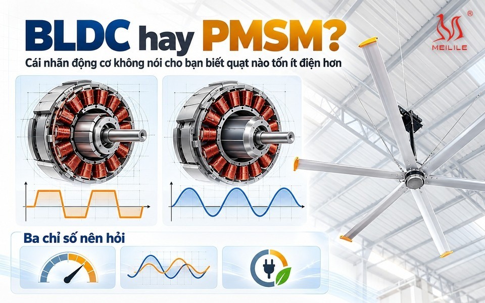 BLDC hay PMSM cho quạt trần công nghiệp — động cơ nam châm vĩnh cửu và quạt HVLS DF-73