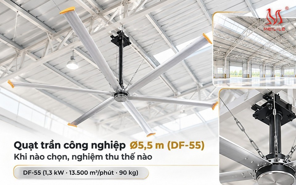 Quạt HVLS 5,5m DF-55 trong nhà xưởng khung thép