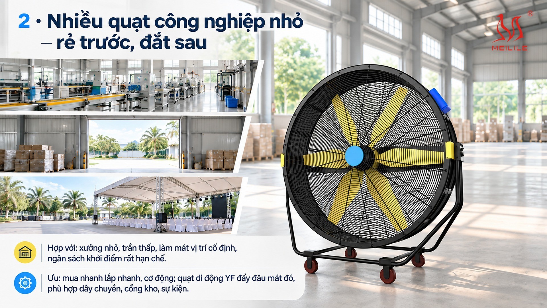 2 · Nhiều quạt công nghiệp nhỏ: rẻ trước, đắt sau