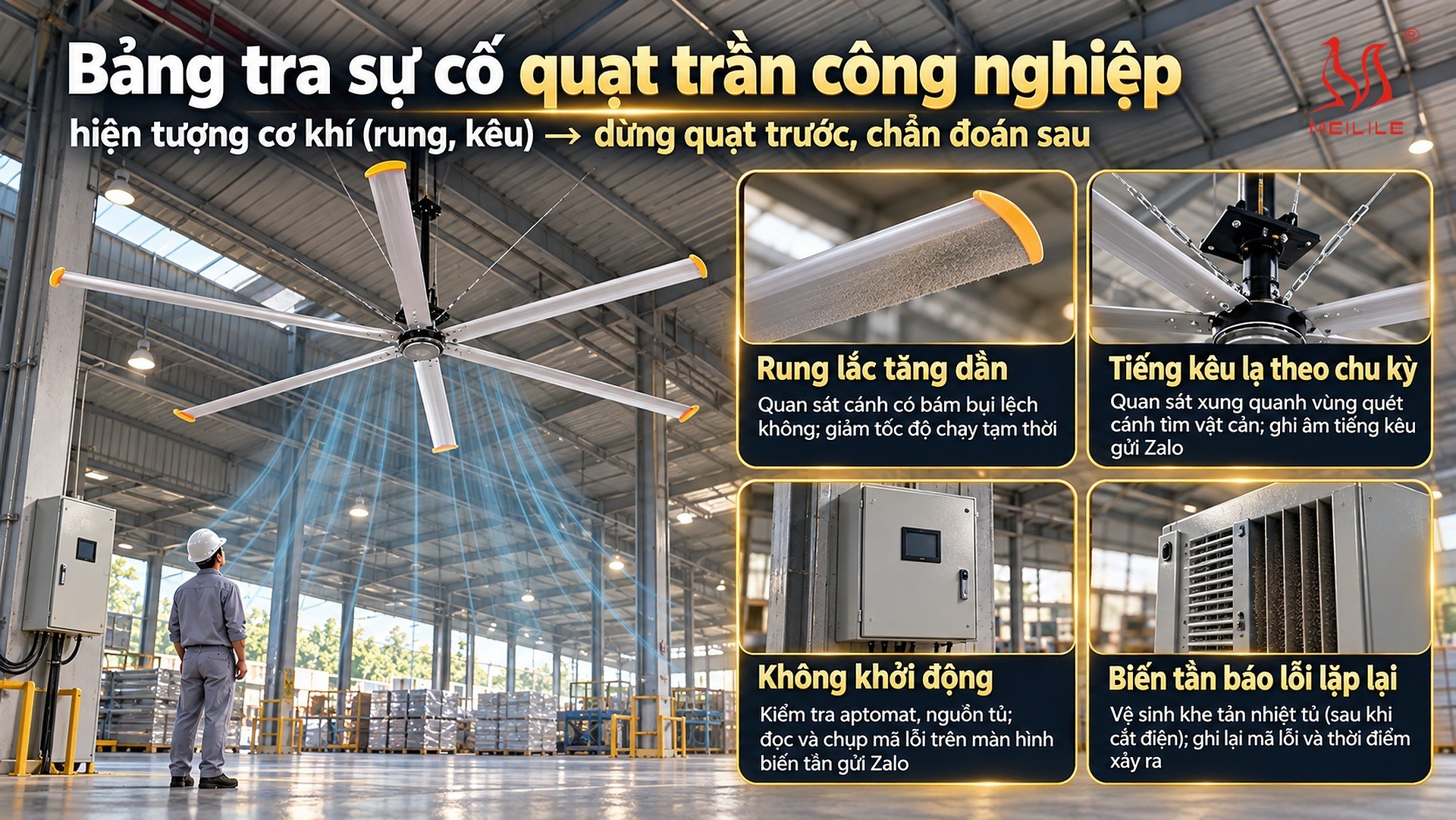 Bảng tra sự cố quạt trần công nghiệp: hiện tượng → nguyên nhân → cách xử lý