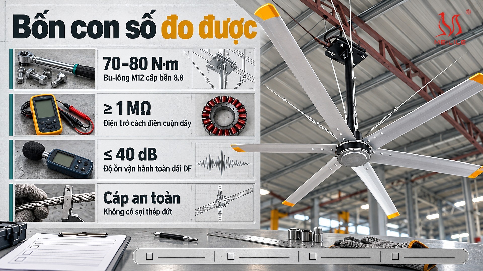 Bốn ngưỡng đo được trong mỗi kỳ bảo dưỡng quạt trần công nghiệp: lực siết bu-lông M12 cấp bền 8.8 khoảng 70–80 N·m, điện trở cách điện cuộn dây tối thiểu 1 MΩ đo bằng đồng hồ 500 VDC, độ ồn vận hành toàn dải model DF ≤ 40 dB và cáp an toàn không có sợi thép đứt
