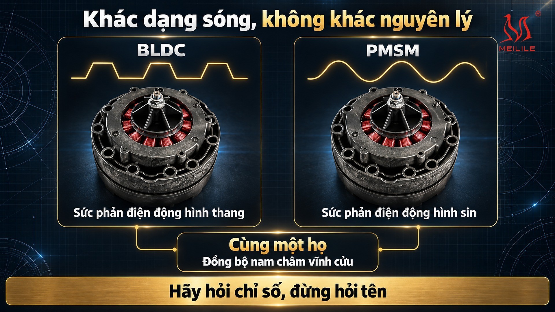 BLDC và PMSM: khác dạng sóng sức phản điện động, không khác nguyên lý — cùng họ động cơ đồng bộ nam châm vĩnh cửu không chổi than