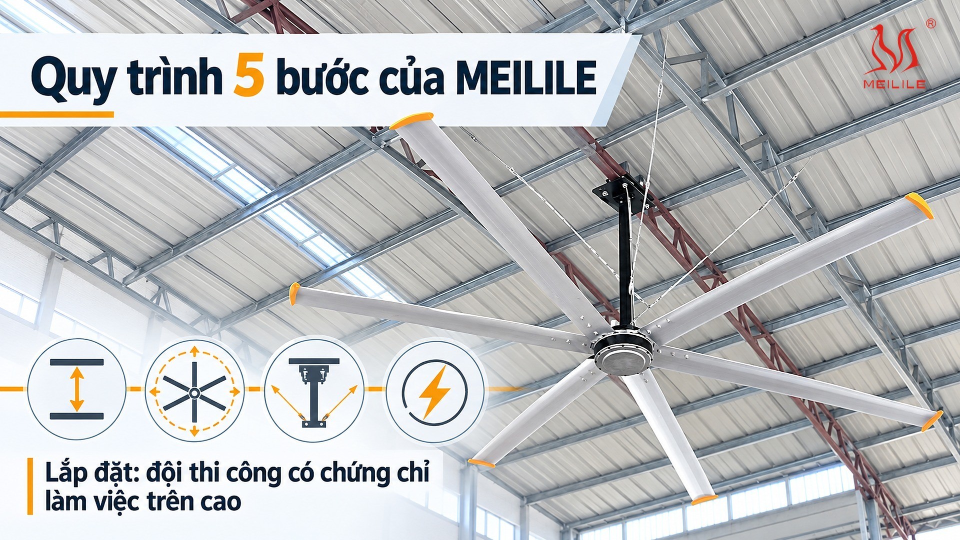 Bốn điều kiện bắt buộc trước khi treo quạt trần công nghiệp Ø7,3 m: chiều cao trần, vòng tròn trống, kết cấu treo, nguồn điện