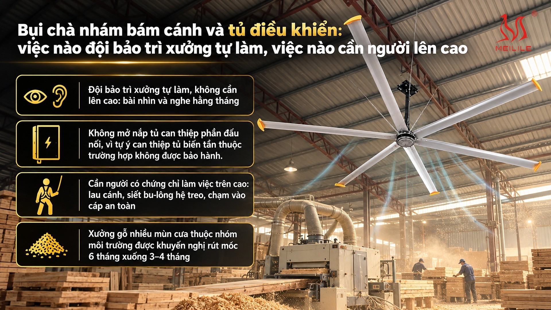 Bụi chà nhám bám cánh và tủ điều khiển: việc nào đội bảo trì xưởng tự làm, việc nào cần người lên cao