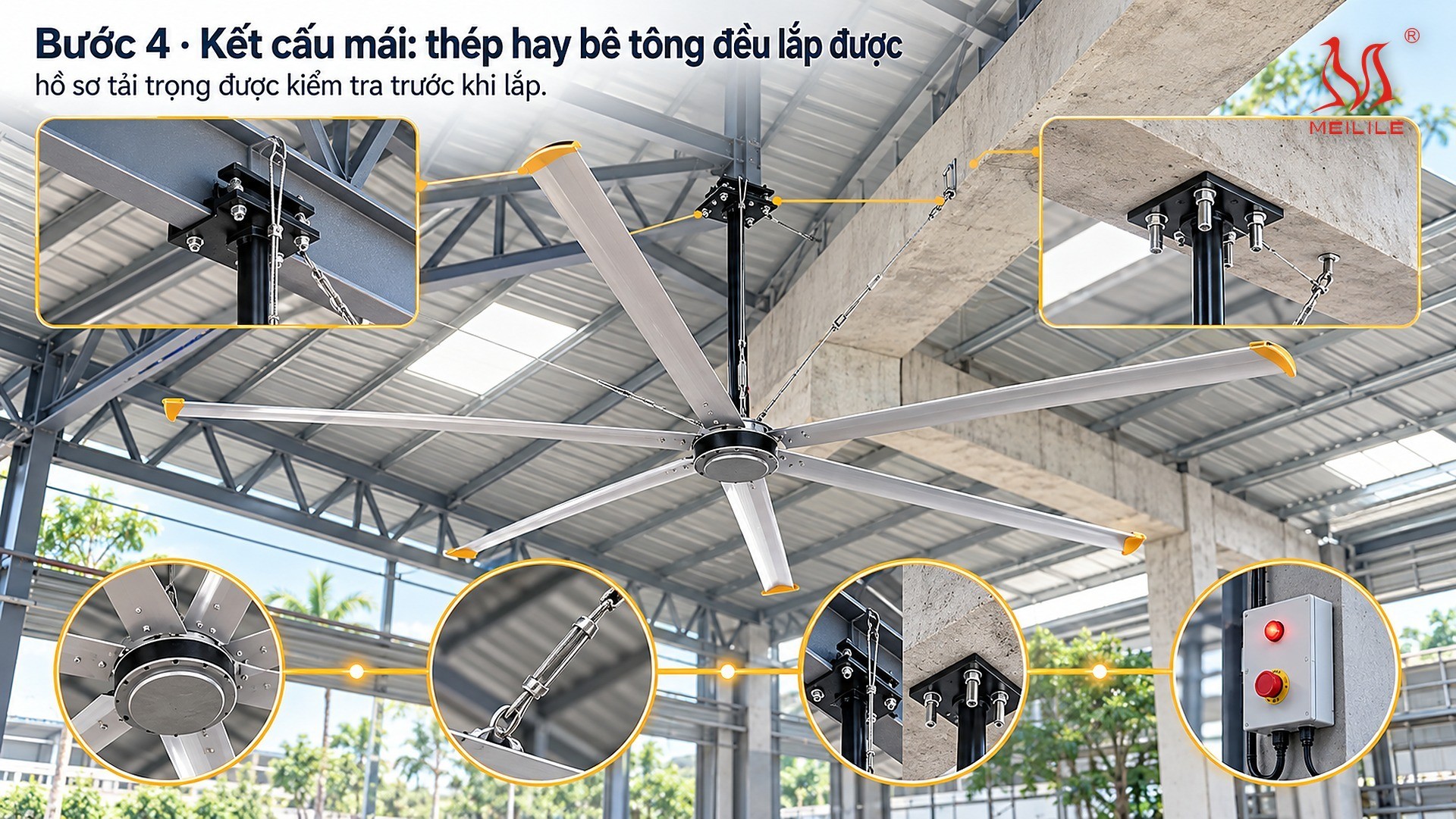 Bước 4 · Kết cấu mái: thép hay bê tông đều lắp được
