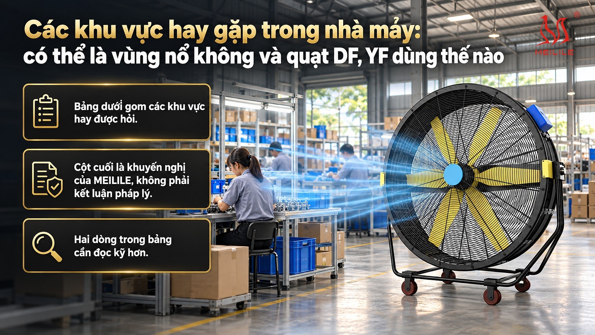 Các khu vực hay gặp trong nhà máy: có thể là vùng nổ không và quạt DF, YF dùng thế nào