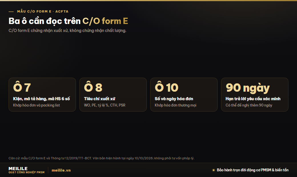 Đọc C/O form E: ô 7, ô 8, ô 10 và căn cứ trong Thông tư 12/2019/TT-BCT