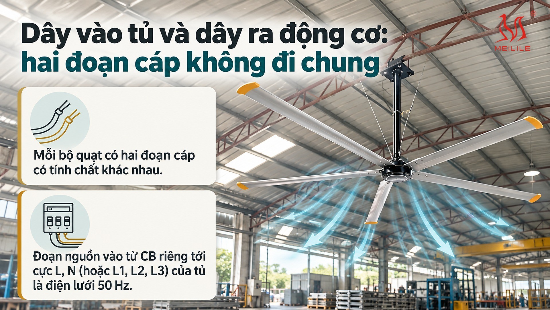 Dây vào tủ và dây ra động cơ: hai đoạn cáp không đi chung