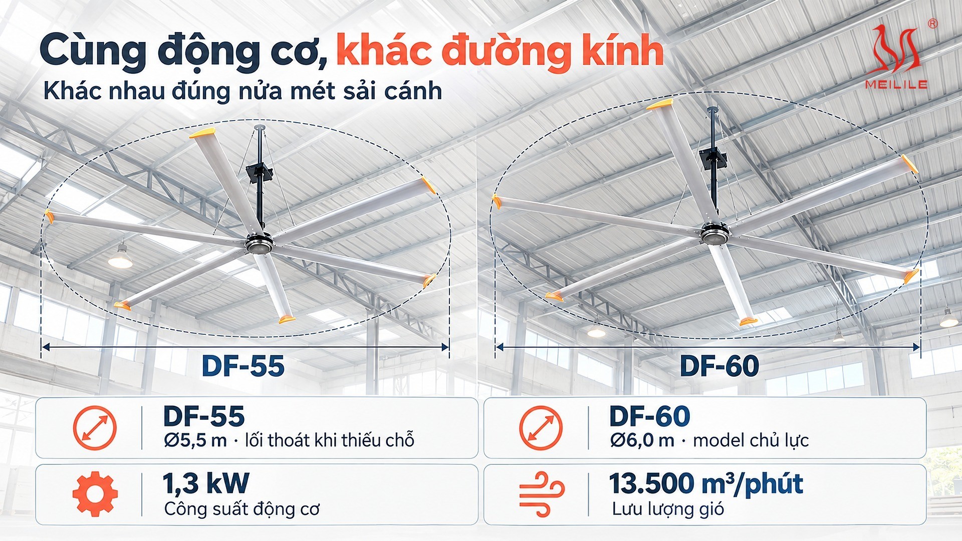 So sánh DF-55 và DF-60: cùng động cơ 1,3 kW và cùng lưu lượng, khác nửa mét đường kính