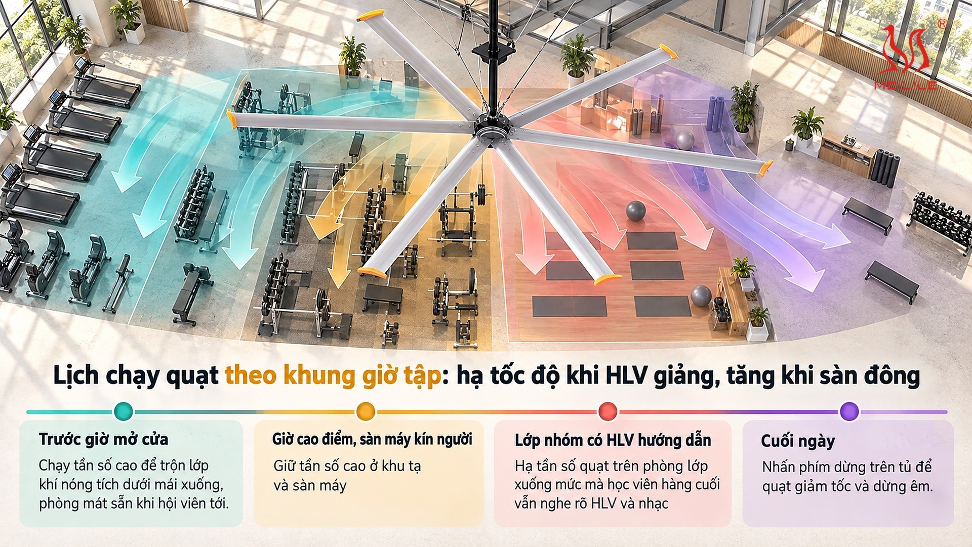 Lịch chạy quạt theo khung giờ tập: hạ tốc độ khi HLV giảng, tăng khi sàn đông