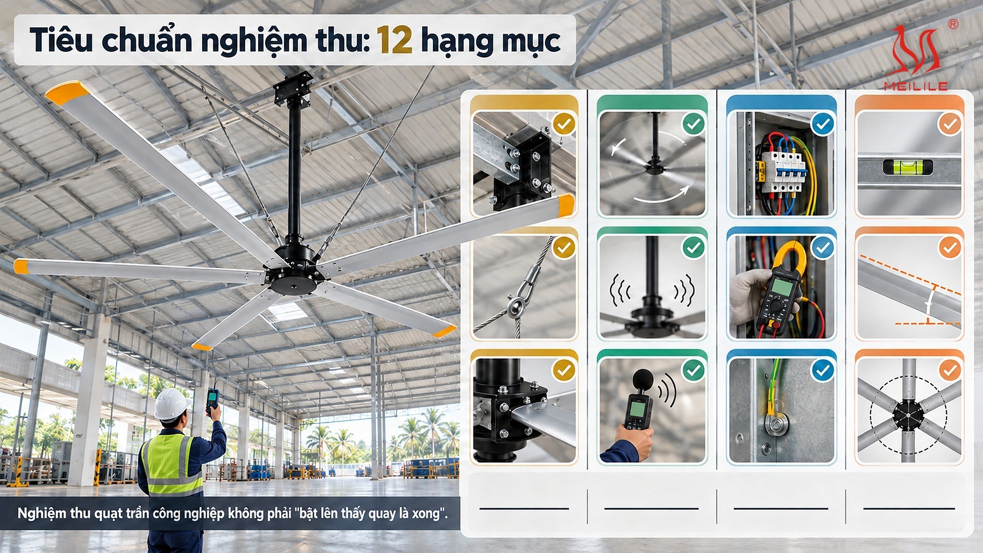 Tiêu chuẩn nghiệm thu: 12 hạng mục, mỗi hạng mục một cách đo và một mức đạt — sáu hạng mục hay được làm bằng cảm nhận đặt cạnh cách đo tương ứng
