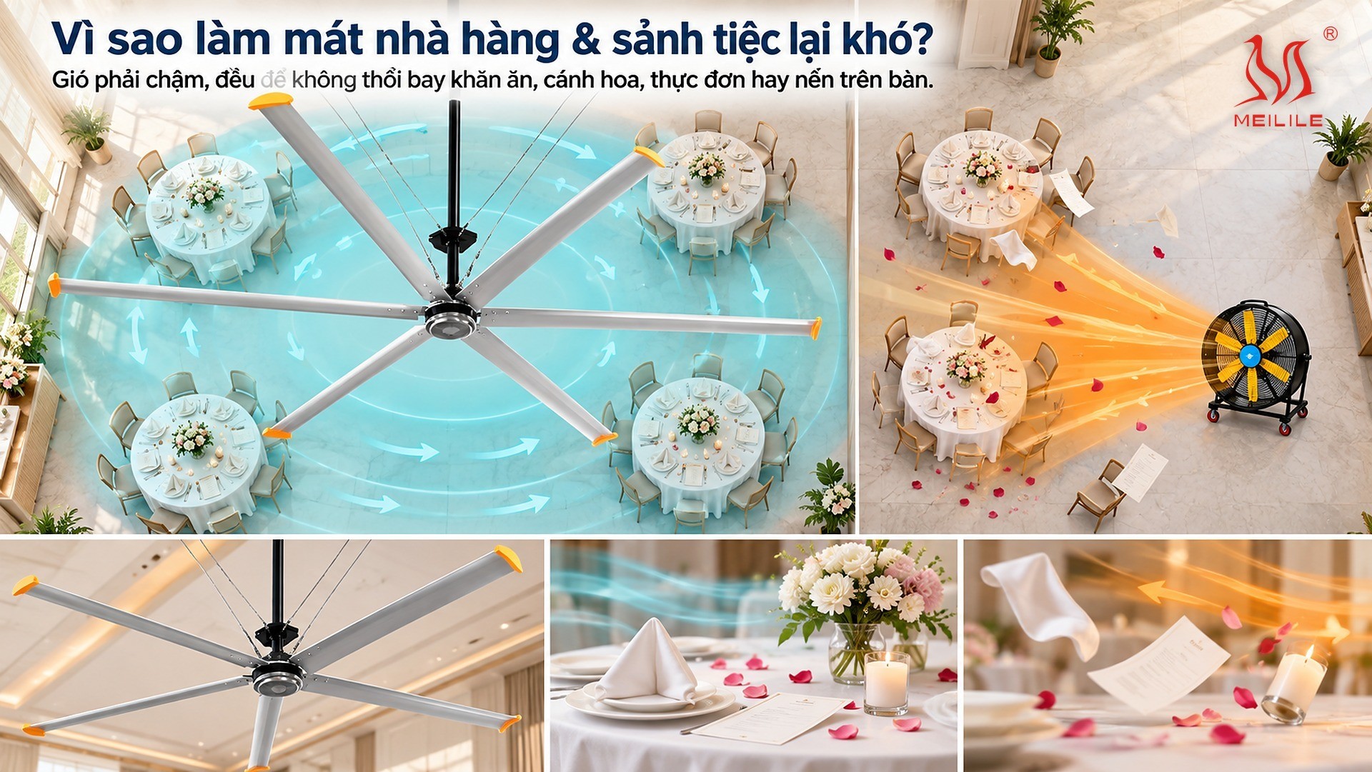 So sánh quạt trần HVLS quay chậm với quạt công nghiệp tốc độ cao trong sảnh tiệc cưới — gió tại mặt bàn, tiếng ồn, số máy, điện năng, thẩm mỹ dưới đèn chùm và bảo trì