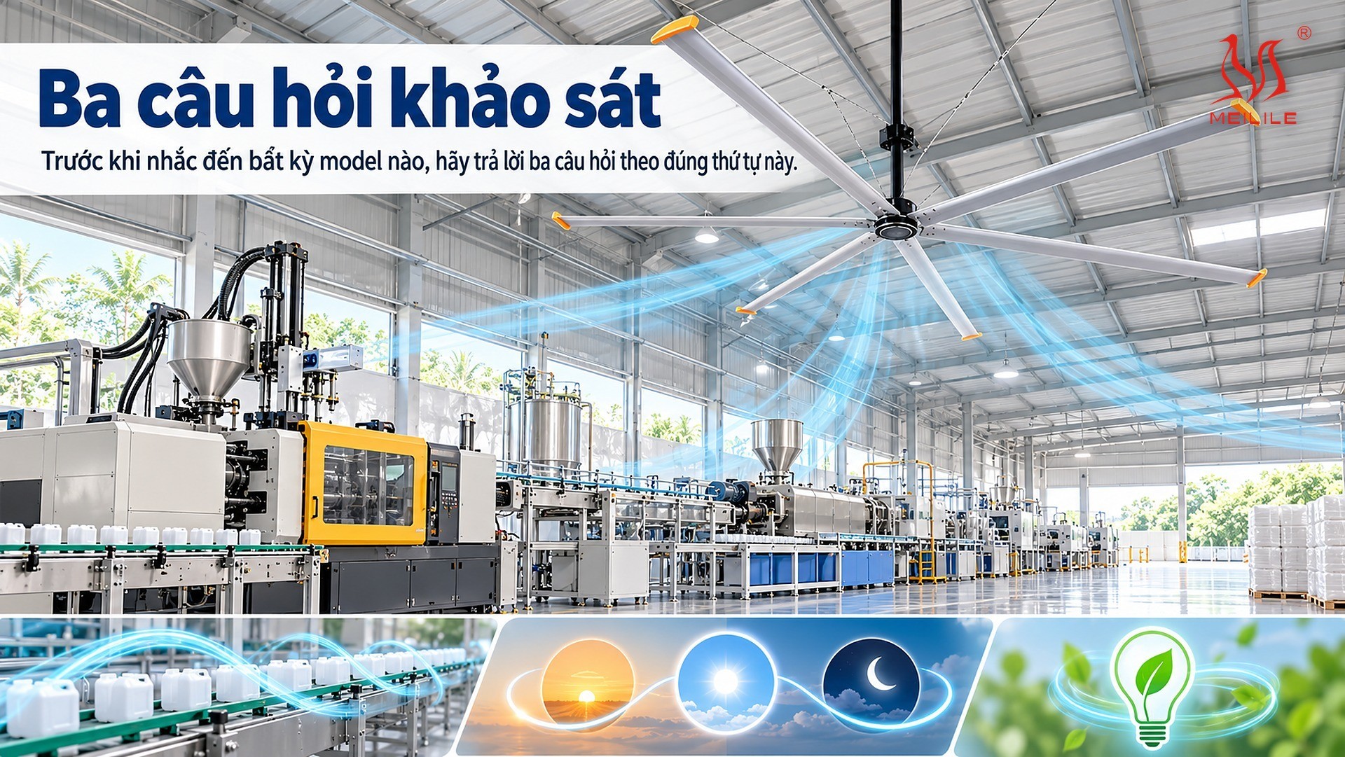 Bảng đối chiếu hệ thông gió cưỡng bức xả hơi nóng, mùi máy ép ra ngoài với quạt trần HVLS dòng DF đưa gió xuống chỗ thợ đứng máy, cho xưởng nhựa và cao su