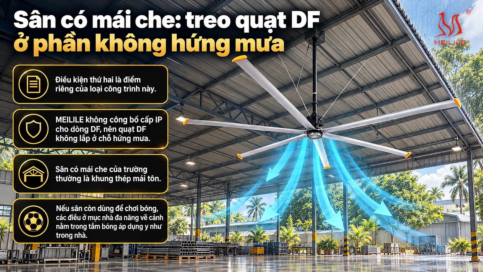 Sân có mái che: treo quạt DF ở phần không hứng mưa