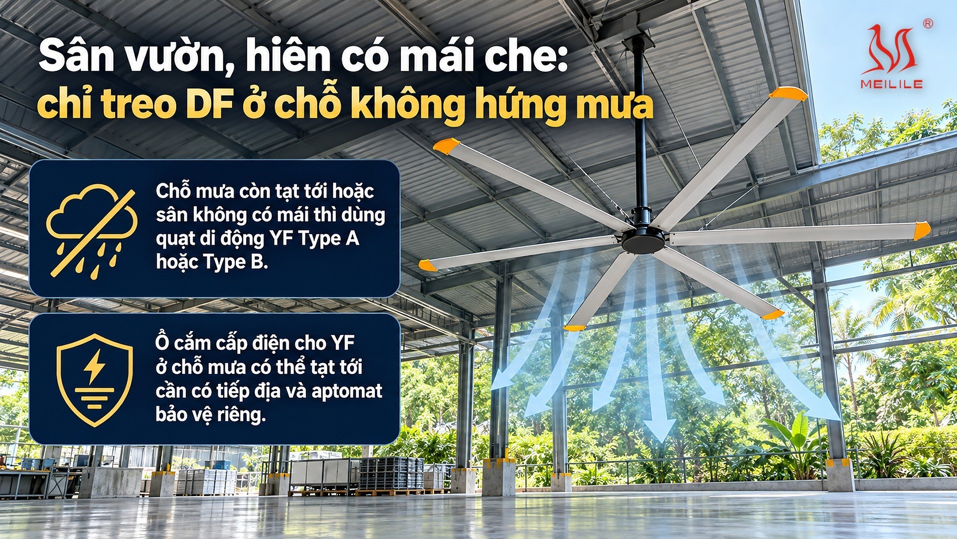 Sân vườn, hiên có mái che: chỉ treo DF ở chỗ không hứng mưa