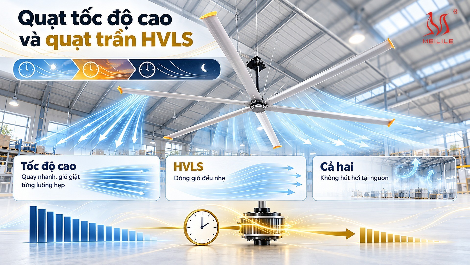 So sánh quạt công nghiệp tốc độ cao và quạt trần HVLS dòng DF trong khu chế biến thực phẩm — đối chiếu kiểu gió, khả năng cuốn bụi ở khu thực phẩm hở, lớp hơi đọng dưới mái tôn, độ ồn, điện năng và việc hút hơi tại nguồn