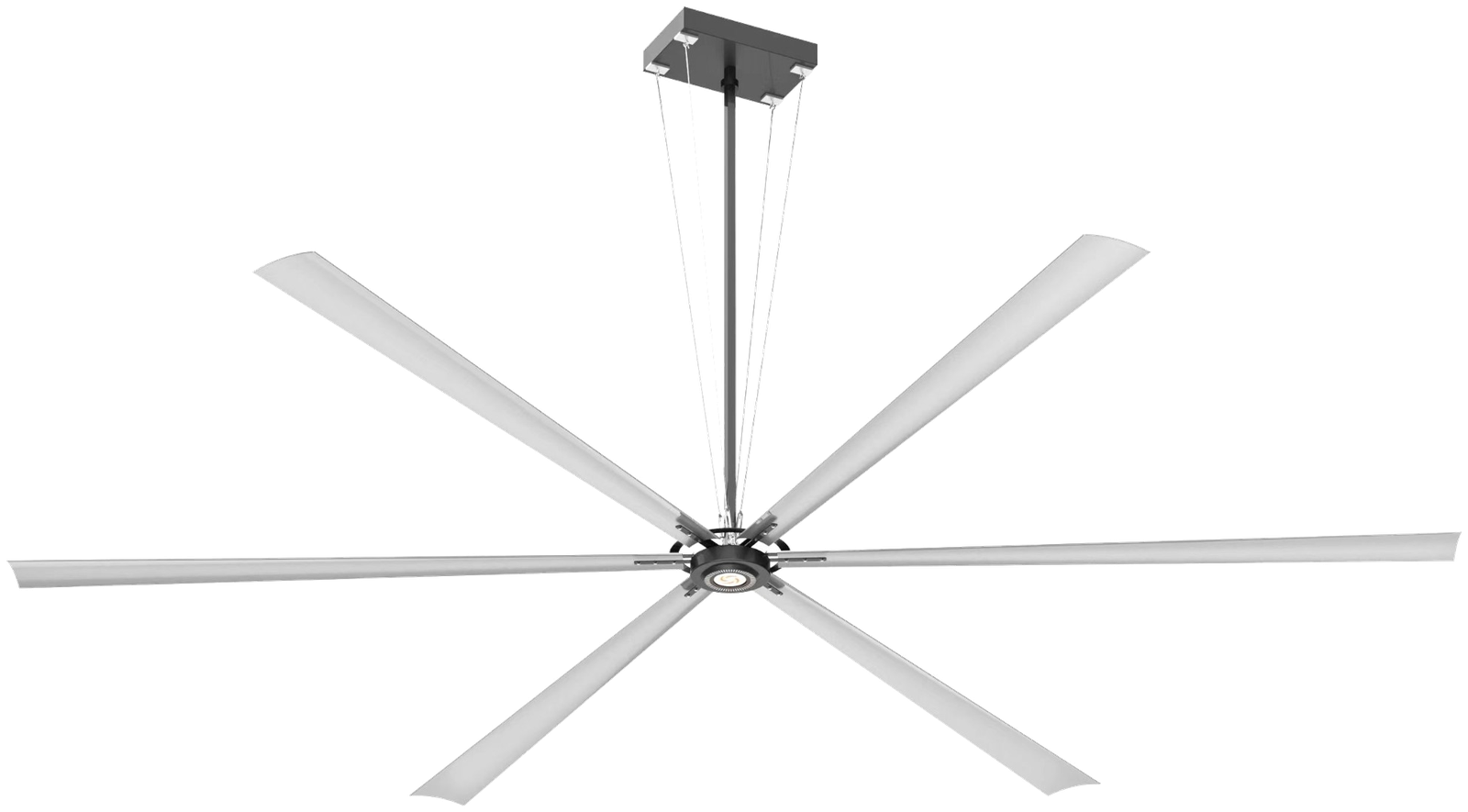 Quạt trần công nghiệp HVLS MEILILE 6 cánh màu bạc, treo bằng ty và cáp giằng