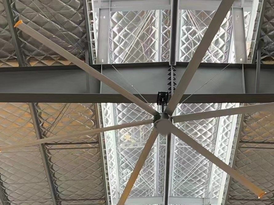 Quạt trần HVLS 6 cánh lắp dưới mái khung thép có tấm lấy sáng