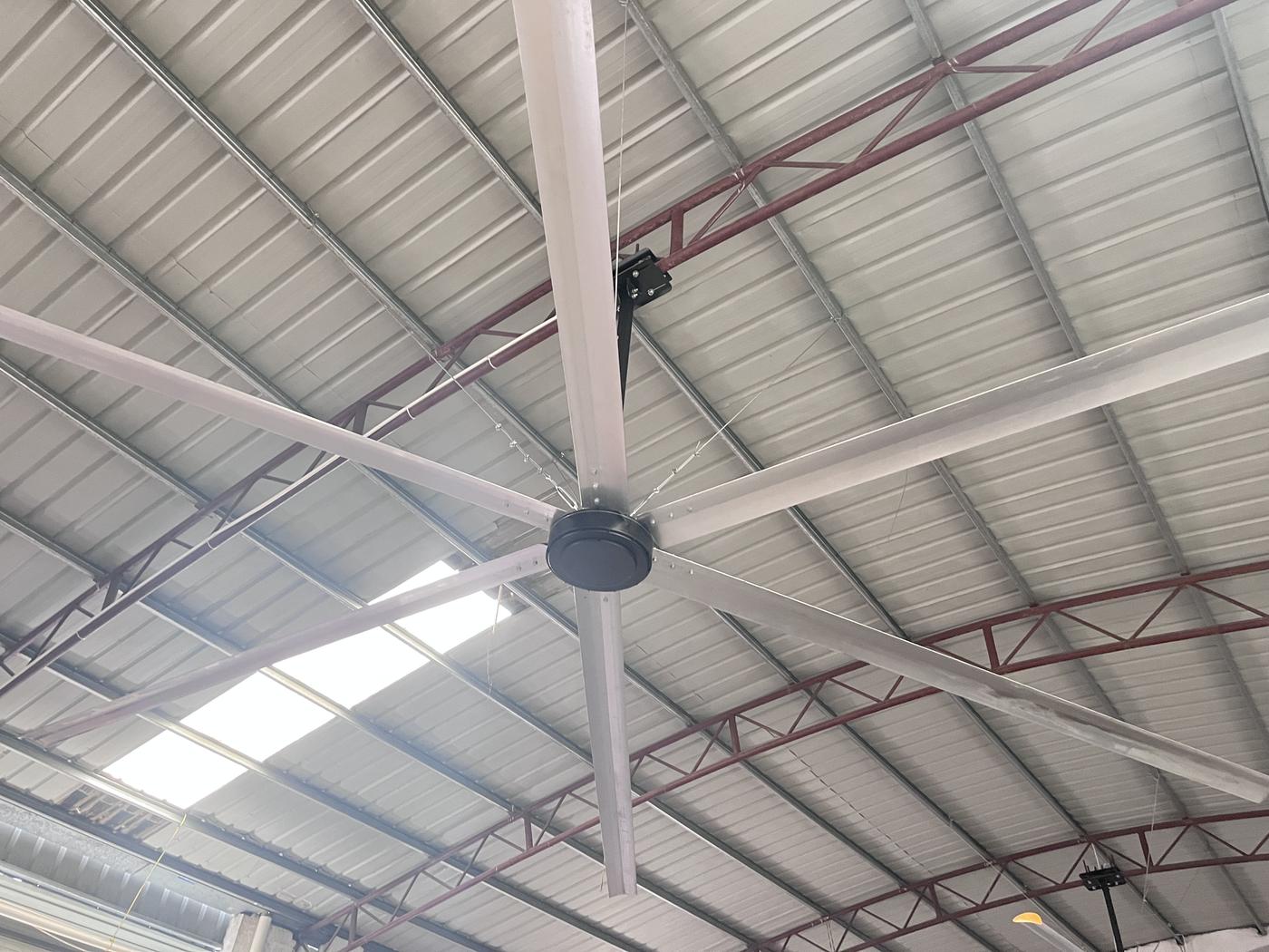 Quạt trần HVLS quay chậm dưới trần cao nhà xưởng, phá lớp khí nóng tù đọng như ở xưởng chế biến gỗ